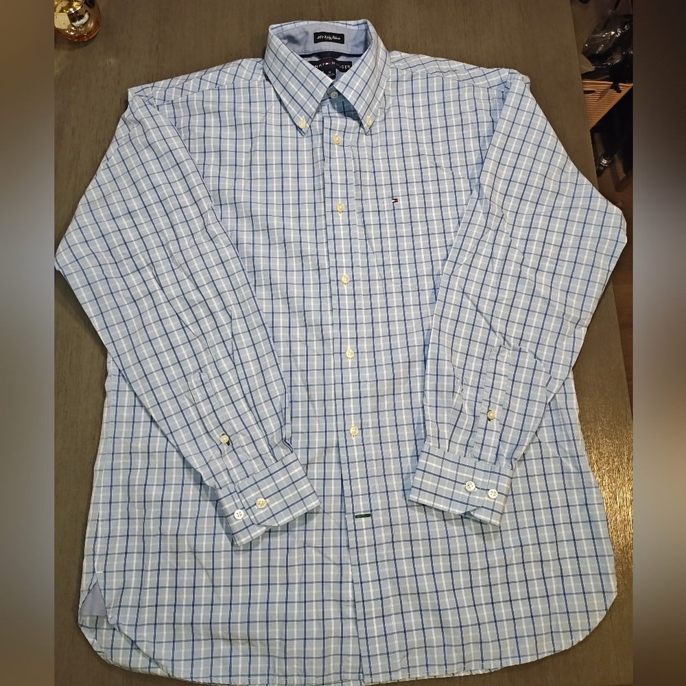 Tommy Hilfiger Light Blue & Navy Windowpane Dress Shirt